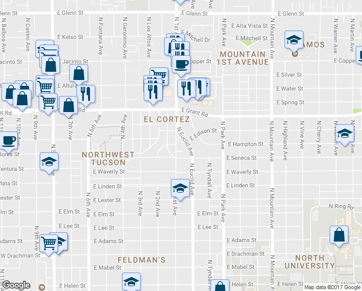 map of restaurants, bars, coffee shops, grocery stores, and more near 2168 North 1st Avenue in Tucson