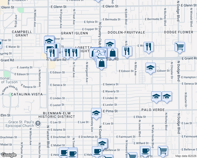 map of restaurants, bars, coffee shops, grocery stores, and more near 2121 North Country Club Road in Tucson