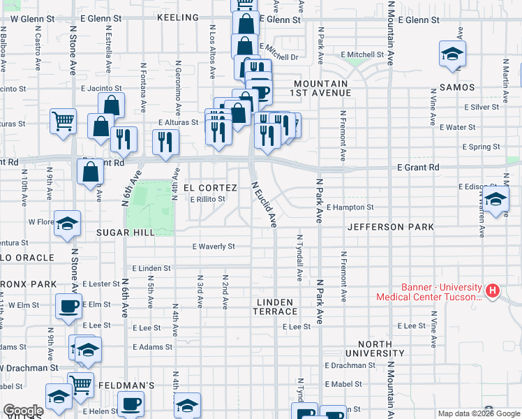 map of restaurants, bars, coffee shops, grocery stores, and more near 2101 North 1st Avenue in Tucson