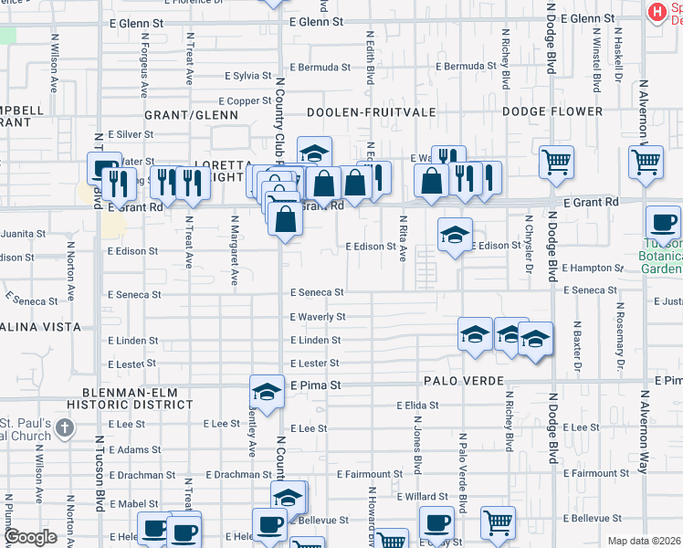 map of restaurants, bars, coffee shops, grocery stores, and more near 3201 East Seneca Street in Tucson