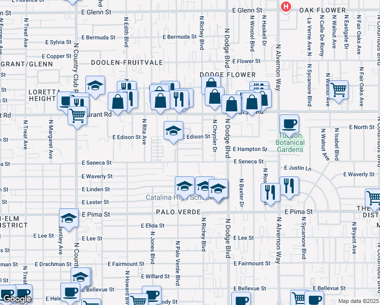 map of restaurants, bars, coffee shops, grocery stores, and more near 3531 East Seneca Street in Tucson