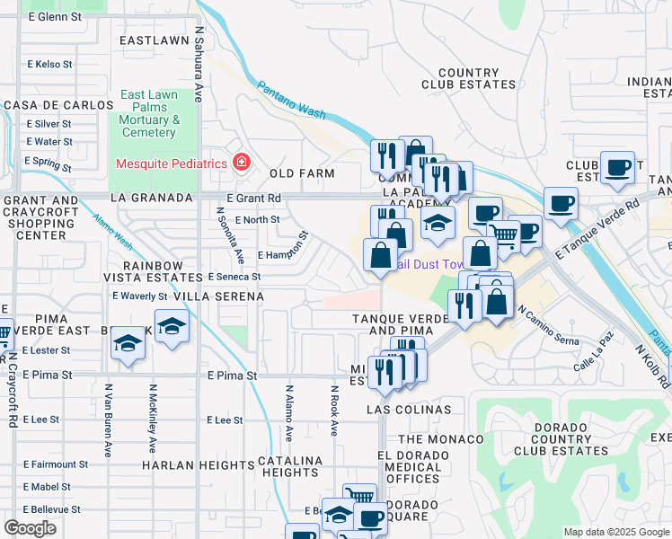 map of restaurants, bars, coffee shops, grocery stores, and more near 6134 East Adobe Place in Tucson
