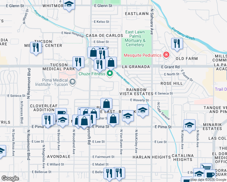 map of restaurants, bars, coffee shops, grocery stores, and more near 5621 East Julius Stravenue in Tucson