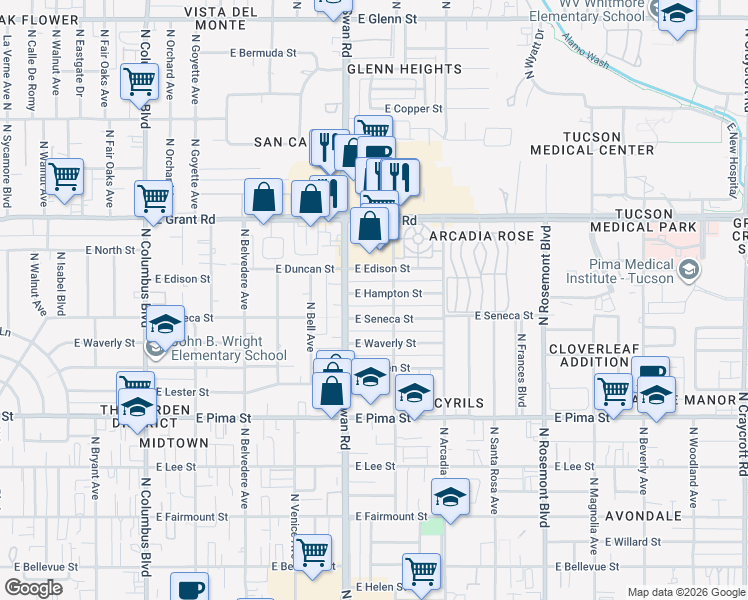 map of restaurants, bars, coffee shops, grocery stores, and more near 4715 East Seneca Street in Tucson