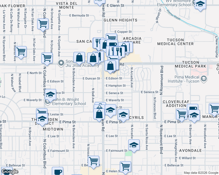 map of restaurants, bars, coffee shops, grocery stores, and more near 4715 East Seneca Street in Tucson