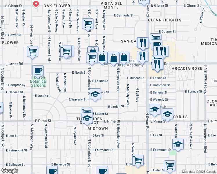 map of restaurants, bars, coffee shops, grocery stores, and more near 4434 East Seneca Street in Tucson