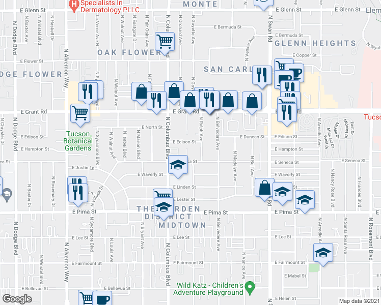 map of restaurants, bars, coffee shops, grocery stores, and more near 4367 East Seneca Street in Tucson