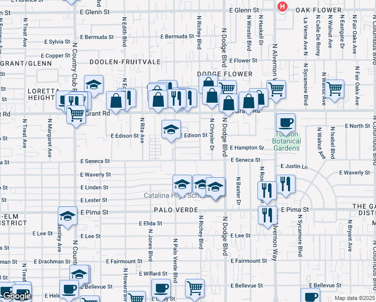map of restaurants, bars, coffee shops, grocery stores, and more near 3531 East Seneca Street in Tucson