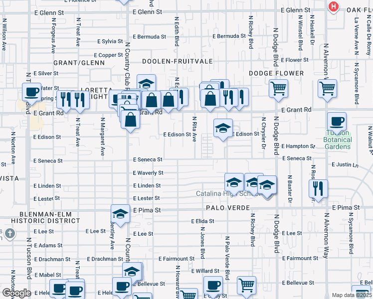 map of restaurants, bars, coffee shops, grocery stores, and more near 3312 East Seneca Street in Tucson
