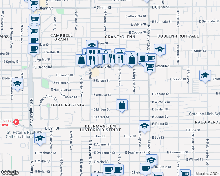 map of restaurants, bars, coffee shops, grocery stores, and more near 2625 East Seneca Street in Tucson