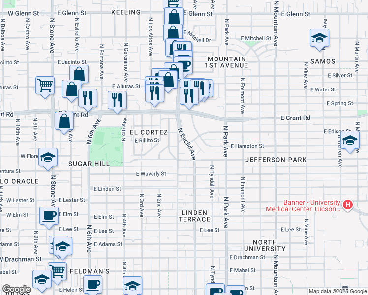 map of restaurants, bars, coffee shops, grocery stores, and more near 2101 North 1st Avenue in Tucson