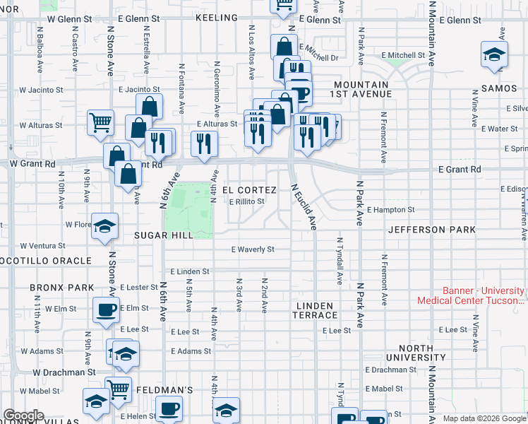 map of restaurants, bars, coffee shops, grocery stores, and more near 601 East Seneca Street in Tucson