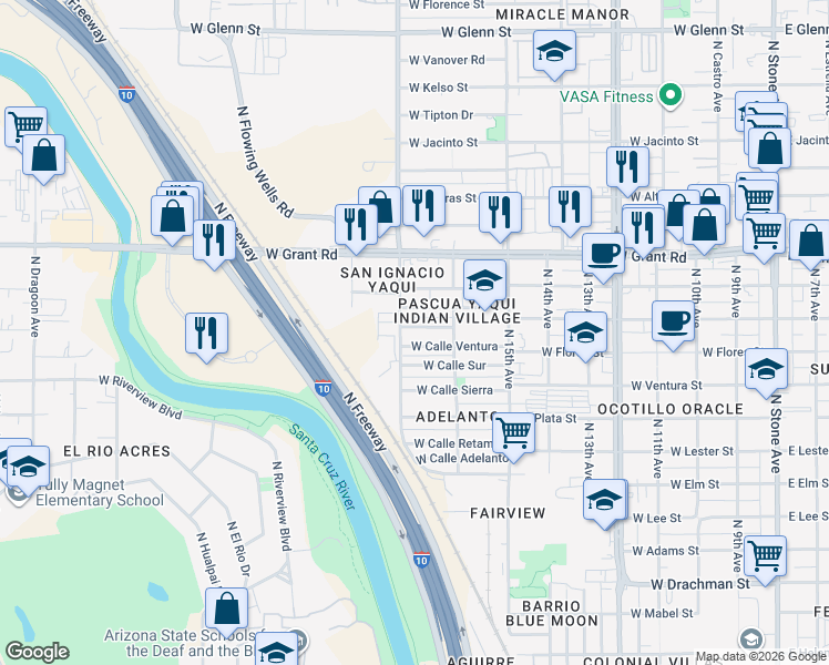 map of restaurants, bars, coffee shops, grocery stores, and more near 871 West Calle Ventura in Tucson