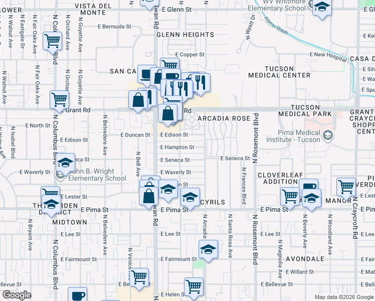 map of restaurants, bars, coffee shops, grocery stores, and more near 4802 East Seneca Street in Tucson