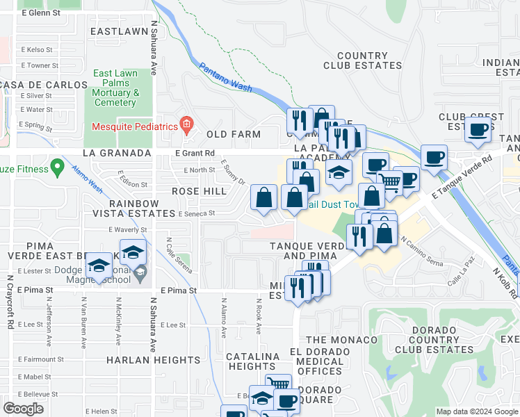 map of restaurants, bars, coffee shops, grocery stores, and more near 6154 East Adobe Place in Tucson