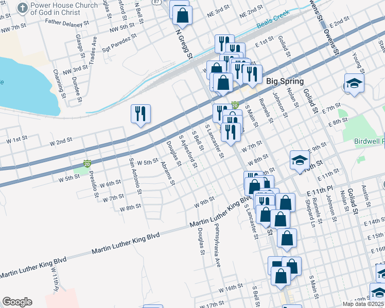 map of restaurants, bars, coffee shops, grocery stores, and more near 601-699 West 6th Street in Big Spring