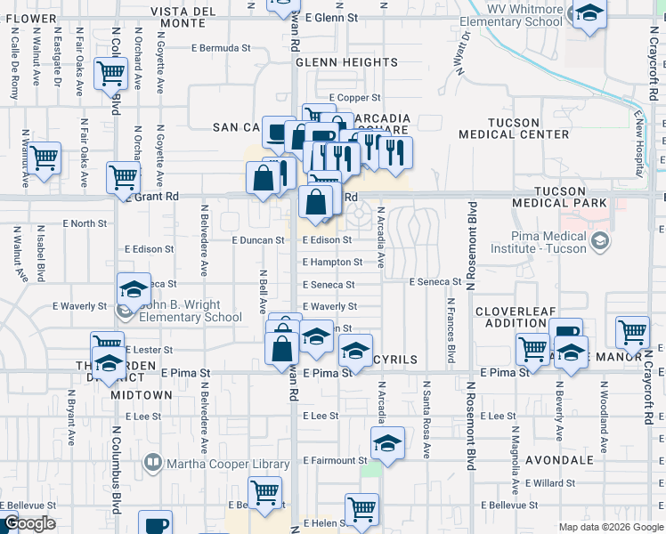 map of restaurants, bars, coffee shops, grocery stores, and more near 4752 East Hampton Street in Tucson