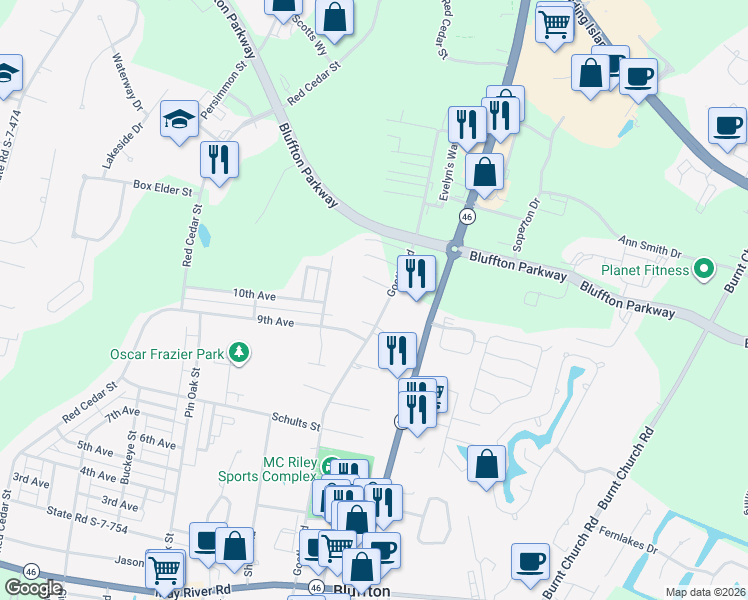 map of restaurants, bars, coffee shops, grocery stores, and more near Pin Oak in Bluffton