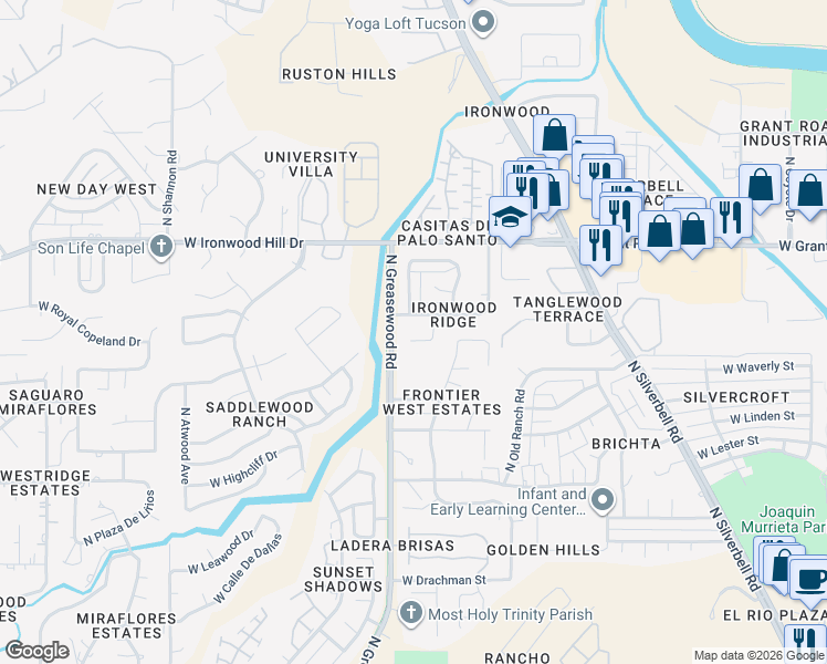 map of restaurants, bars, coffee shops, grocery stores, and more near 2464 West Placita Carlota in Tucson