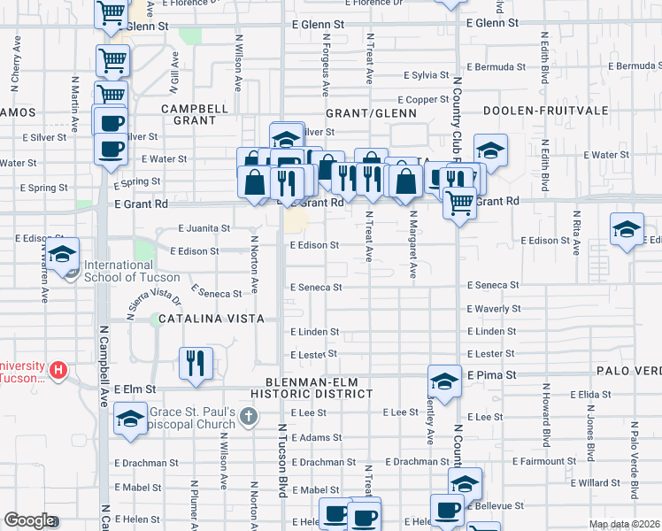 map of restaurants, bars, coffee shops, grocery stores, and more near 2628 East Edison Street in Tucson
