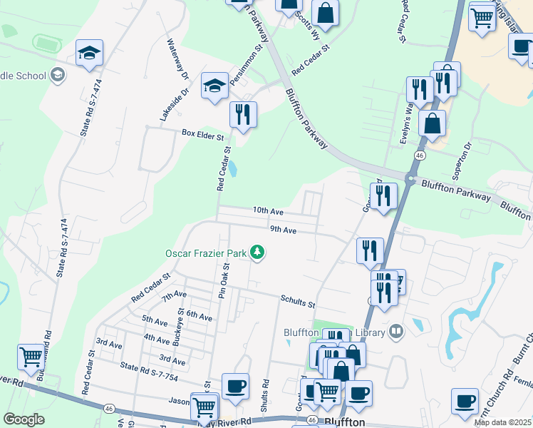 map of restaurants, bars, coffee shops, grocery stores, and more near 97 10th Avenue in Bluffton