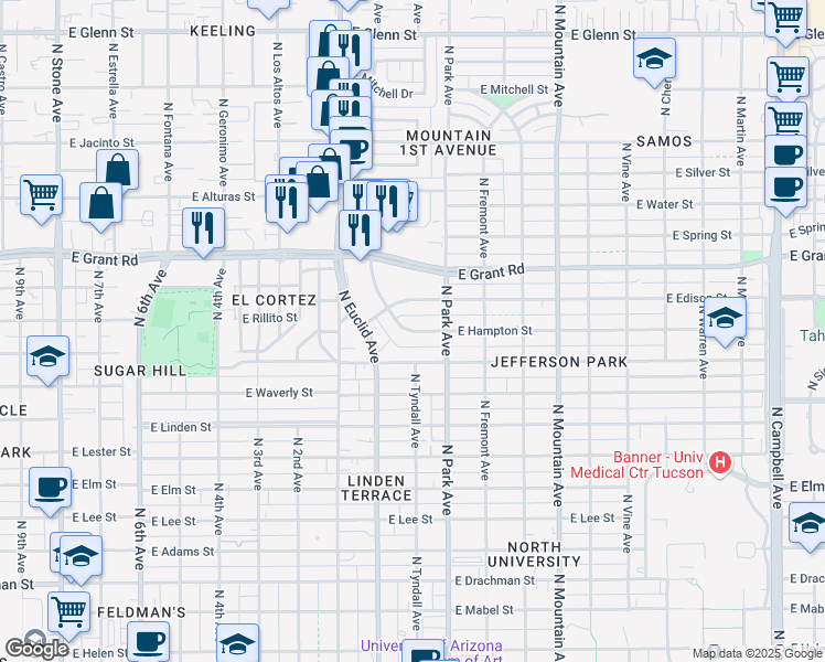 map of restaurants, bars, coffee shops, grocery stores, and more near 1148 North Hampton Street in Tucson
