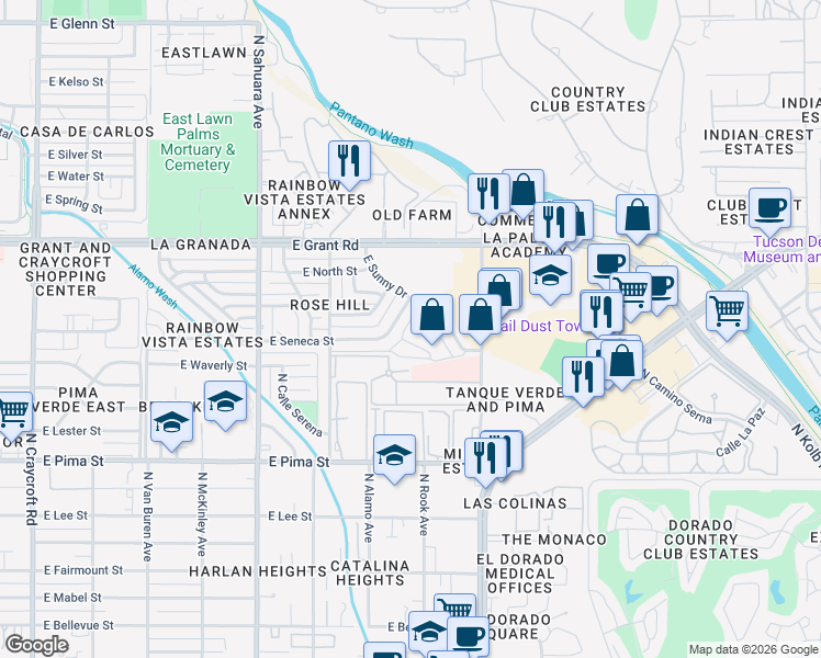 map of restaurants, bars, coffee shops, grocery stores, and more near 6174 East Seneca Street in Tucson