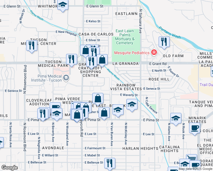 map of restaurants, bars, coffee shops, grocery stores, and more near 5602 East Edison Street in Tucson