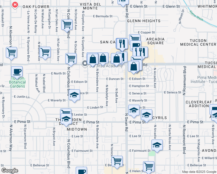 map of restaurants, bars, coffee shops, grocery stores, and more near 4550 East Duncan Street in Tucson