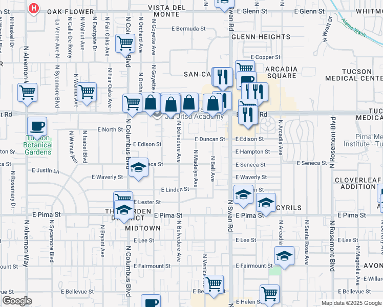 map of restaurants, bars, coffee shops, grocery stores, and more near 2218 North Belvedere Avenue in Tucson