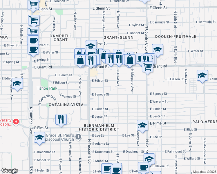 map of restaurants, bars, coffee shops, grocery stores, and more near 2628 East Edison Street in Tucson
