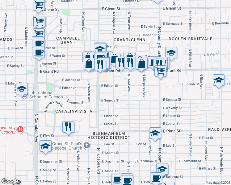 map of restaurants, bars, coffee shops, grocery stores, and more near 2628 East Edison Street in Tucson
