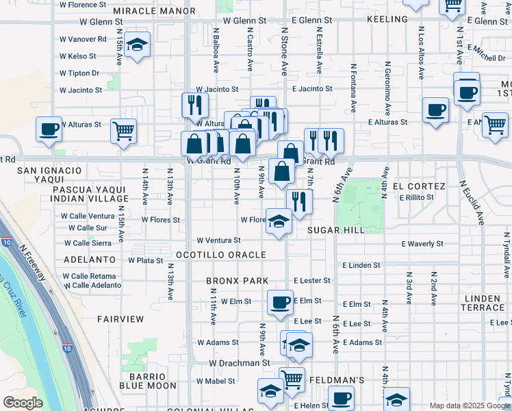 map of restaurants, bars, coffee shops, grocery stores, and more near 124 West Rillito Street in Tucson