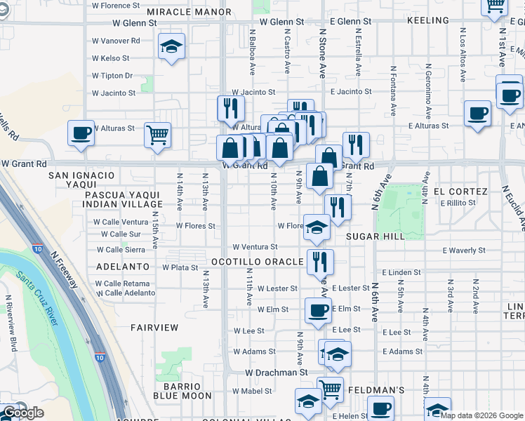map of restaurants, bars, coffee shops, grocery stores, and more near 219 West Rillito Street in Tucson