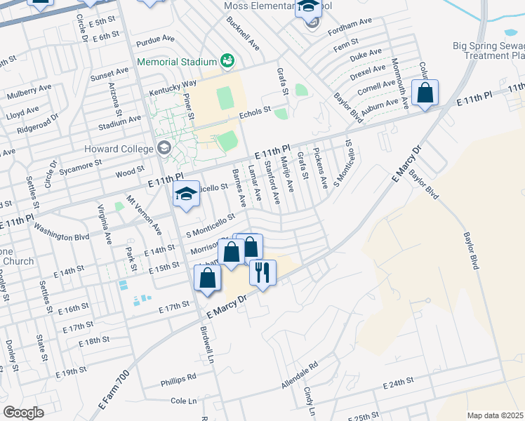 map of restaurants, bars, coffee shops, grocery stores, and more near 1315 Lamar Avenue in Big Spring