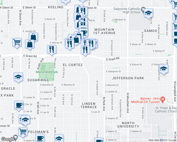 map of restaurants, bars, coffee shops, grocery stores, and more near 2134 North Euclid Avenue in Tucson