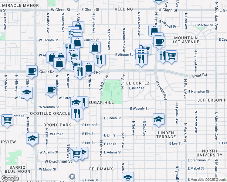 map of restaurants, bars, coffee shops, grocery stores, and more near 2200 North 4th Avenue in Tucson