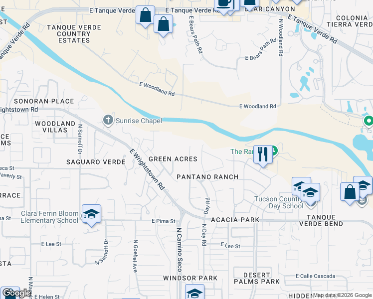 map of restaurants, bars, coffee shops, grocery stores, and more near 2197 North Camino Agrios in Tucson