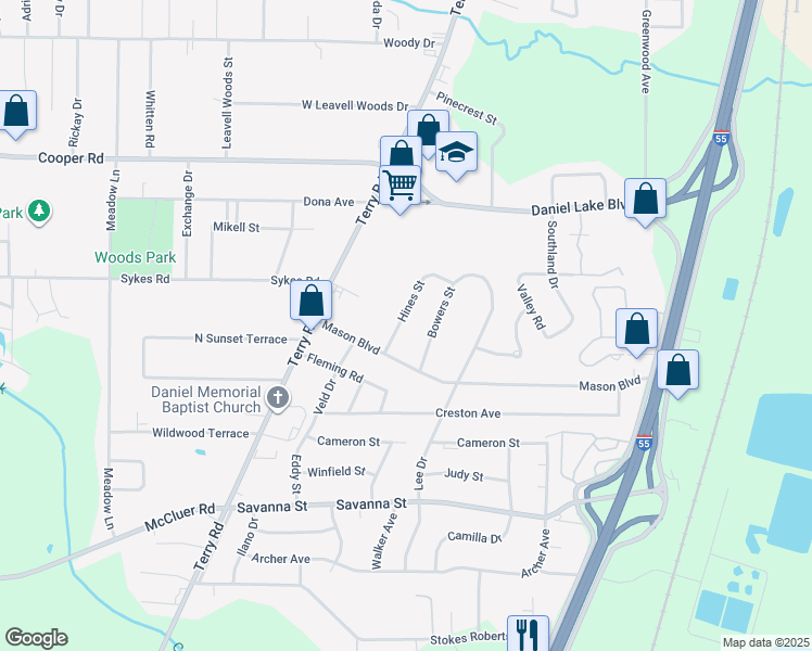 map of restaurants, bars, coffee shops, grocery stores, and more near 3550 Hines Street in Jackson