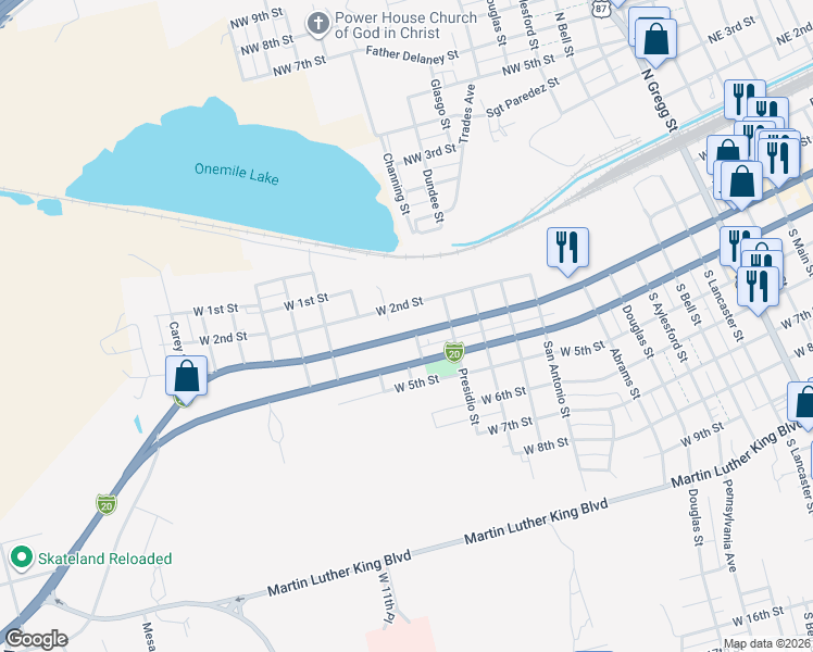 map of restaurants, bars, coffee shops, grocery stores, and more near 1201-1299 West 2nd Street in Big Spring