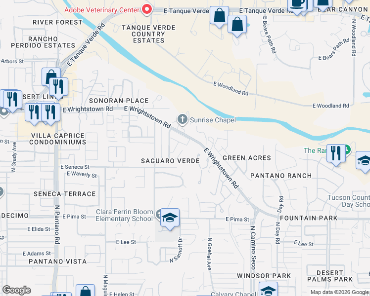 map of restaurants, bars, coffee shops, grocery stores, and more near 8430 East Albion Place in Tucson
