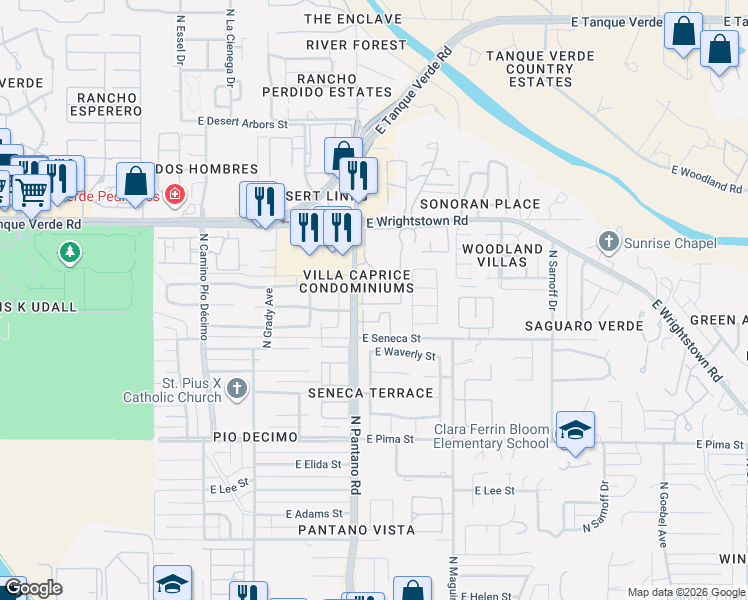 map of restaurants, bars, coffee shops, grocery stores, and more near 2160 North Pantano Road in Tucson