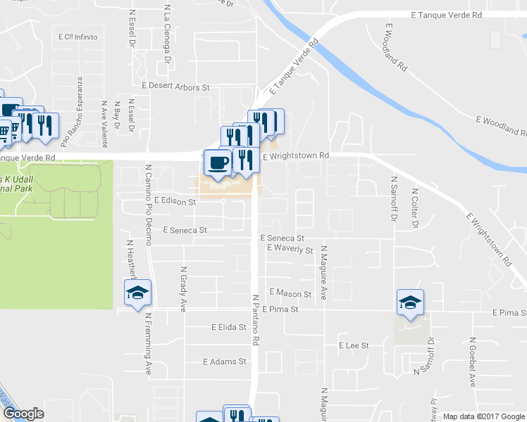 map of restaurants, bars, coffee shops, grocery stores, and more near 2160 North Pantano Road in Tucson
