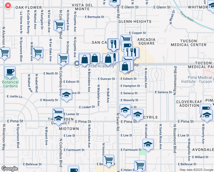 map of restaurants, bars, coffee shops, grocery stores, and more near 4550 East Duncan Street in Tucson