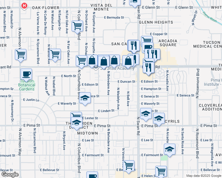 map of restaurants, bars, coffee shops, grocery stores, and more near 2218 North Belvedere Avenue in Tucson