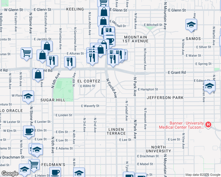map of restaurants, bars, coffee shops, grocery stores, and more near 2245 North 1st Avenue in Tucson