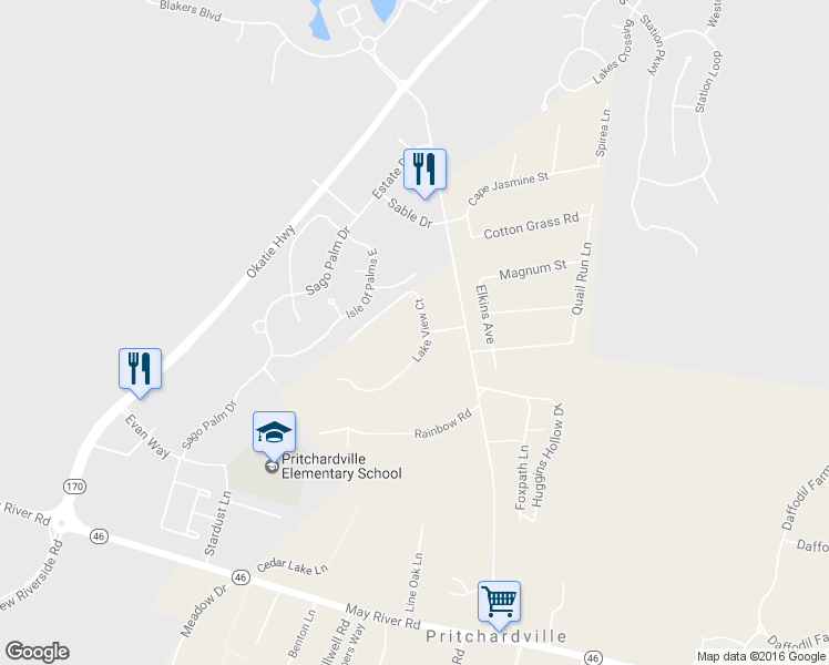 map of restaurants, bars, coffee shops, grocery stores, and more near 39 Lake View Court in Bluffton