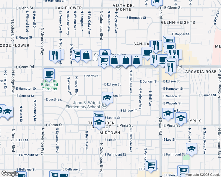 map of restaurants, bars, coffee shops, grocery stores, and more near 4349 East Edison Street in Tucson