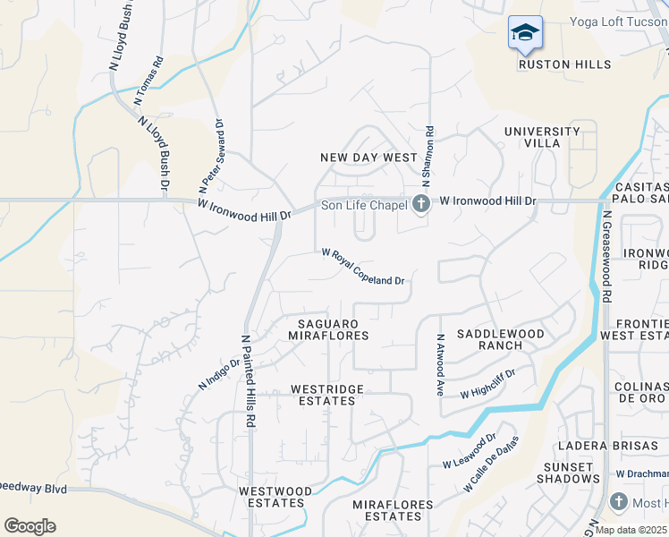 map of restaurants, bars, coffee shops, grocery stores, and more near 3090 West Royal Copeland Drive in Tucson