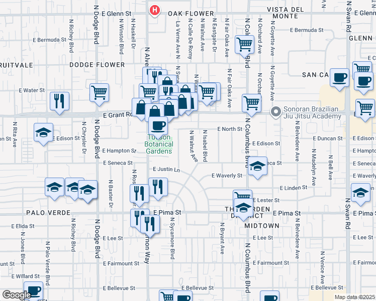 map of restaurants, bars, coffee shops, grocery stores, and more near 2137 North Walnut Avenue in Tucson
